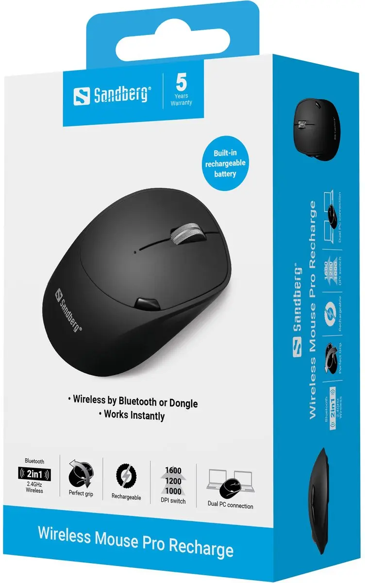 Sandberg 631-02 Muis - RF Draadloos & Bluetooth - 1600 DPI - Zwart