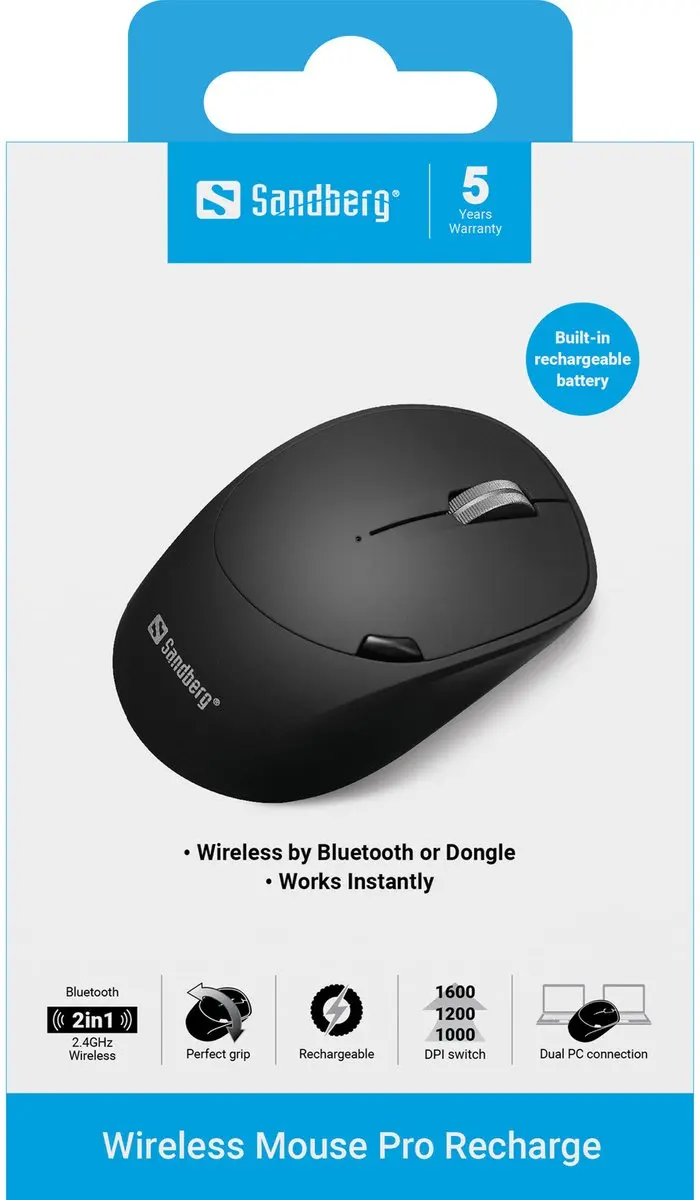 Sandberg 631-02 Muis - RF Draadloos & Bluetooth - 1600 DPI - Zwart