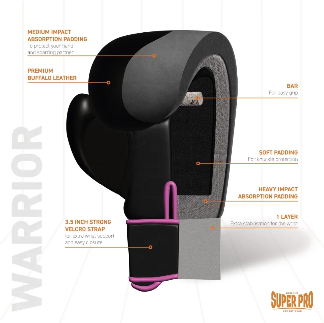 Super Pro Warrior Lederen Bokshandschoenen 6oz - Zwart/Roze