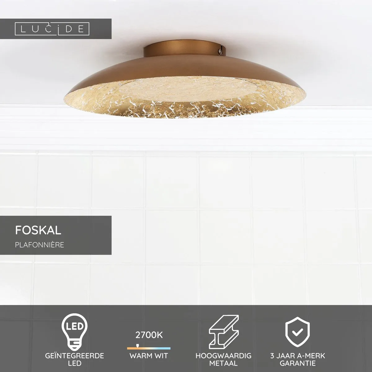 Lucide FOSKAL Plafonnière LED 1x12W 2700K - Ø34,5cm Messing