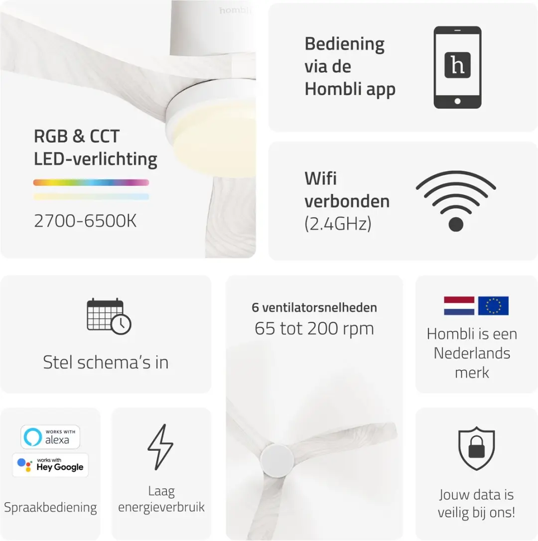 Hombli Slimme Plafondventilator Ø132cm - Wit - 6 standen