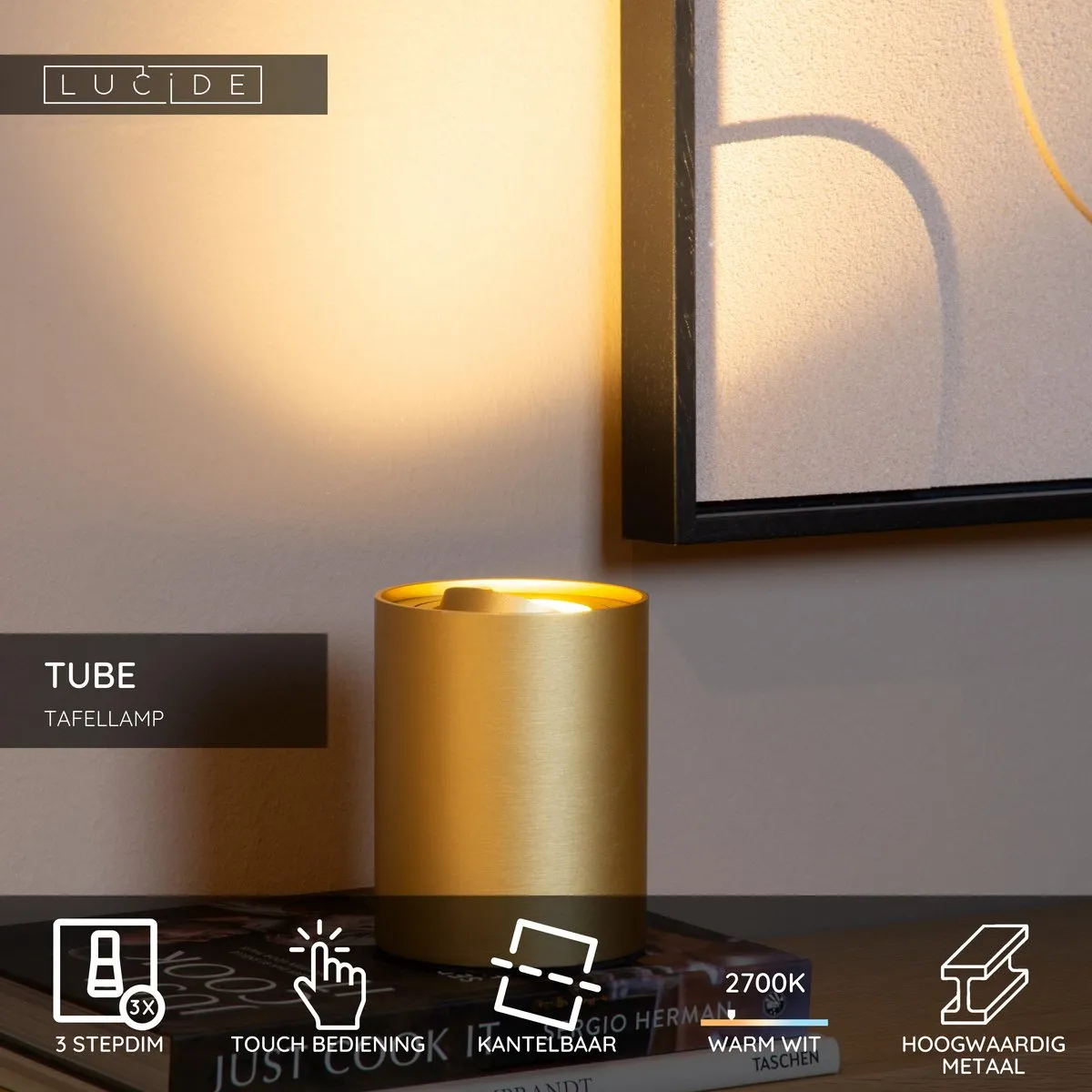 Lucide TUBE Tafellamp Ø9,6cm LED 3 StepDim GU10 5W 2700K - Mat Goud/Messing
