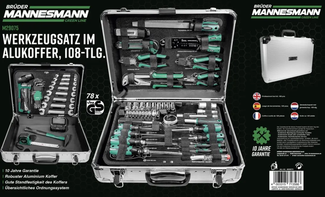 Brüder Mannesmann 29075 Gereedschapskoffer 108-delig - Aluminium/Groen/Zwart - afbeelding 6 van 6
