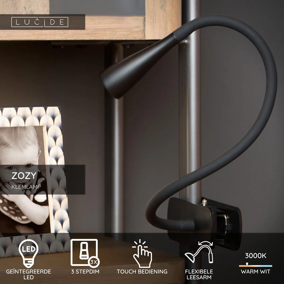 Lucide ZOZY Klemlamp LED 3 StepDim 4W - Zwart