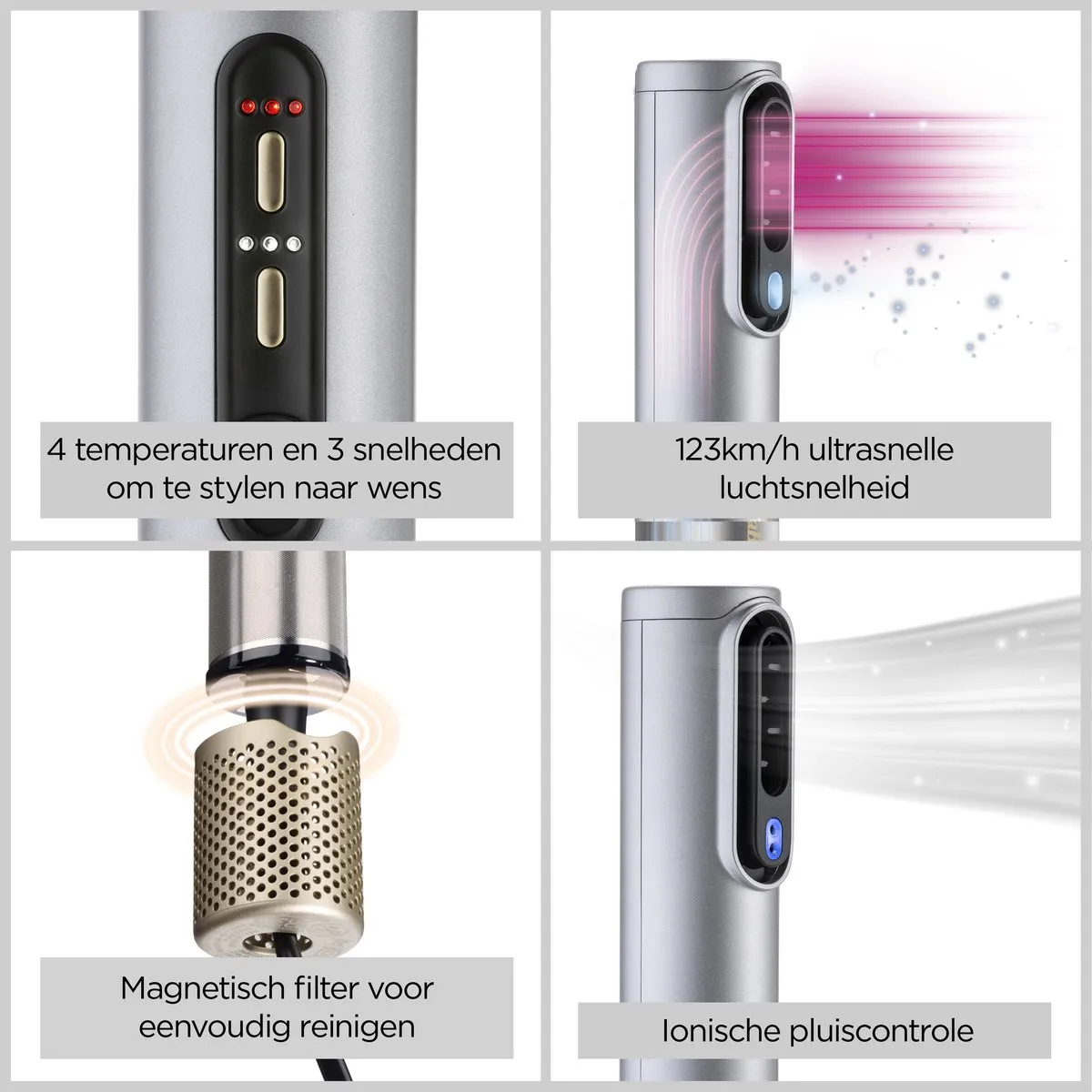 Babyliss 4-in-1 Wet to Dry Air Wand AS6554E Haardroger - 1500W - 3 Opzetstukken - Zilver/Goud - afbeelding 6 van 6