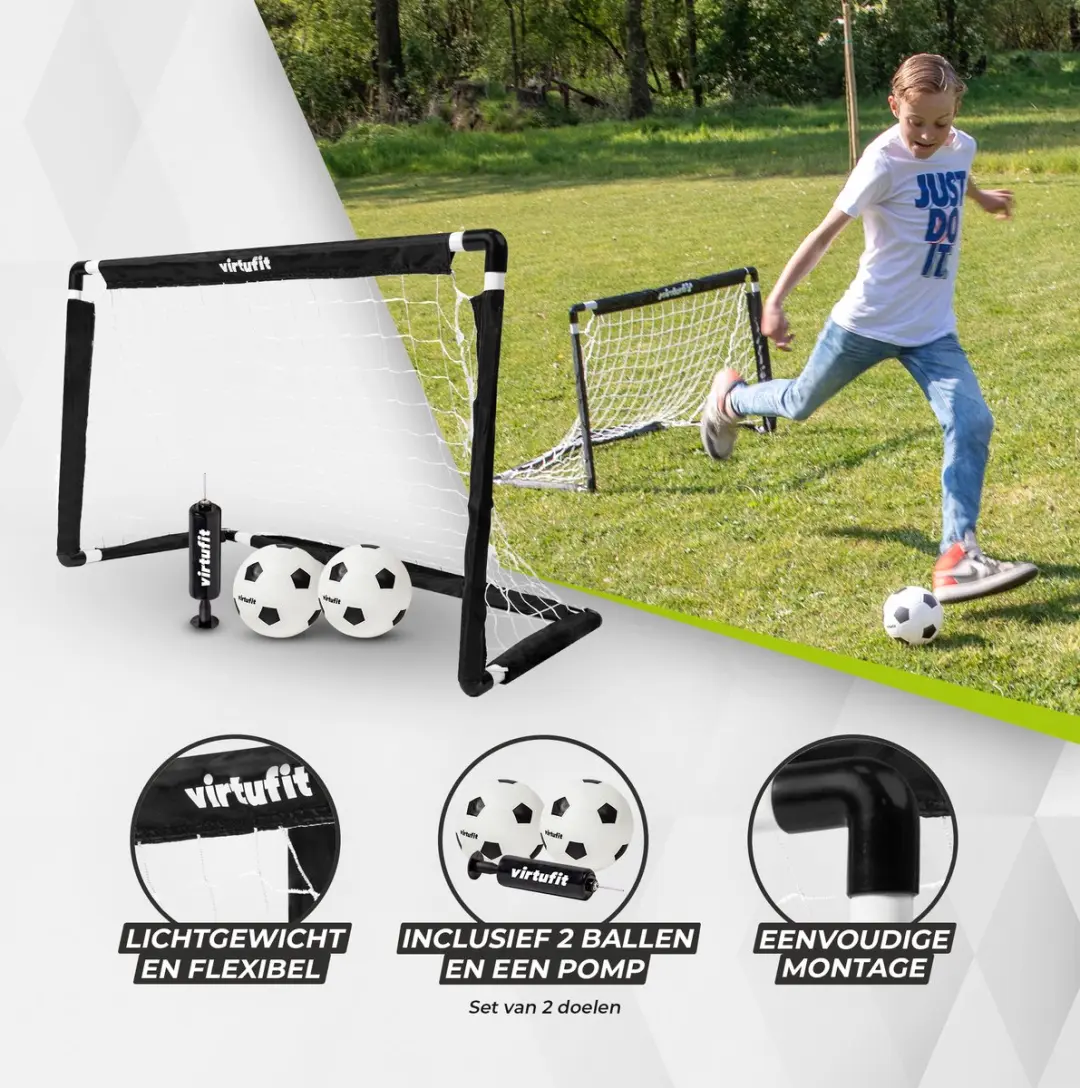 Virtufit Mini Voetbaldoel Set 2x - 92x64cm - Zwart - Incl. bal & pomp