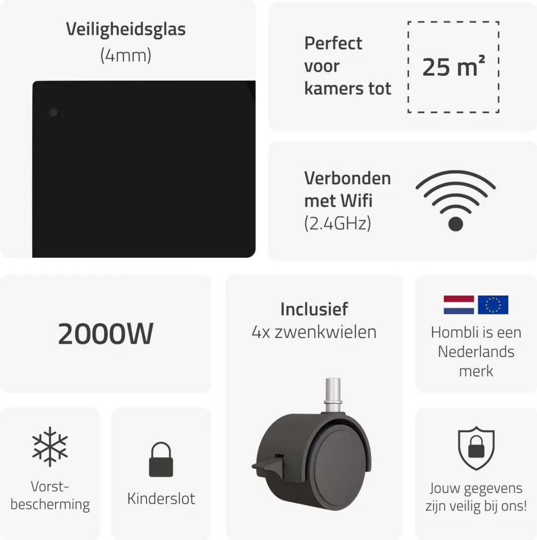 Hombli HBCH-0300 Smart Convection Heater 2000W - Zwart Glas