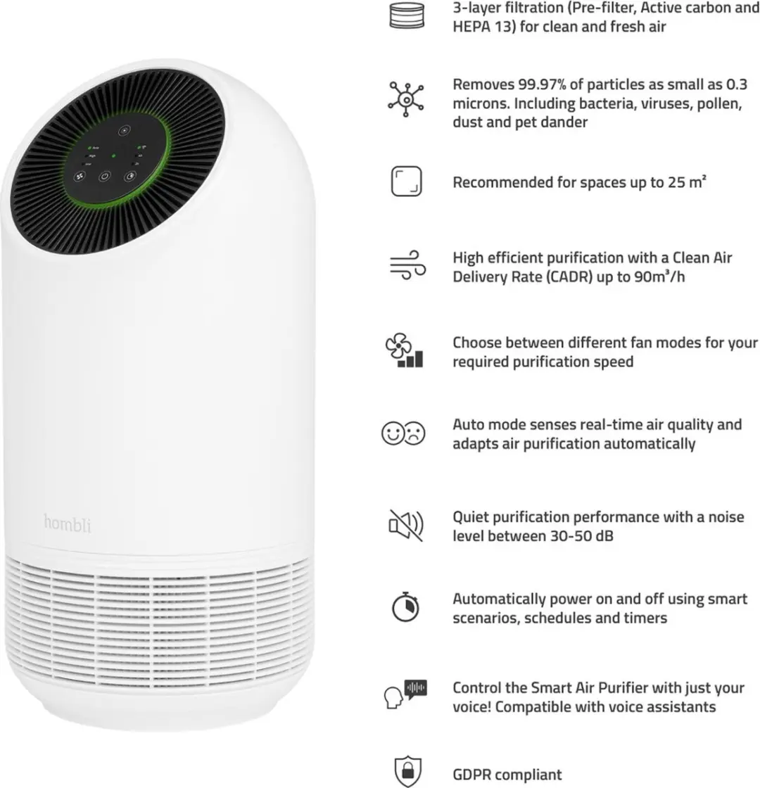 Hombli Smart Air Purifier HBAP-0109 - HEPA 13 & Actieve Kool - Wit