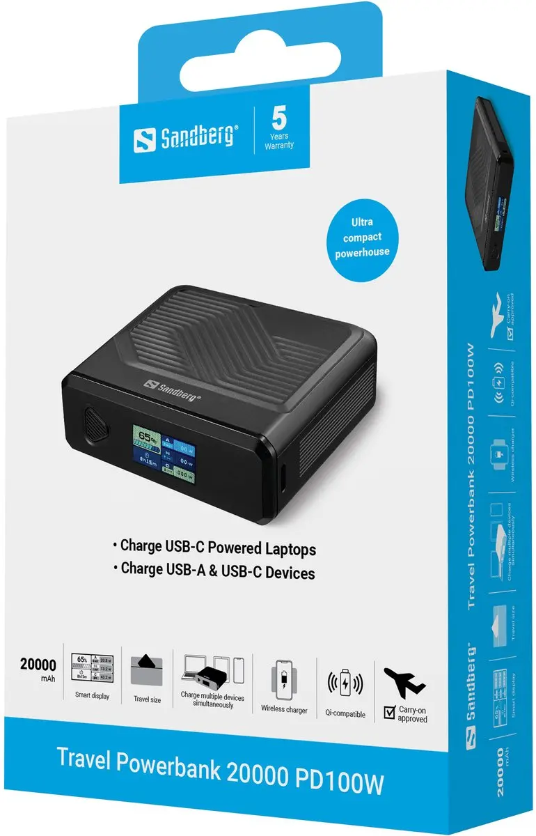 Sandberg Travel Powerbank 20000 PD100W 20000mAh - 100W - Zwart