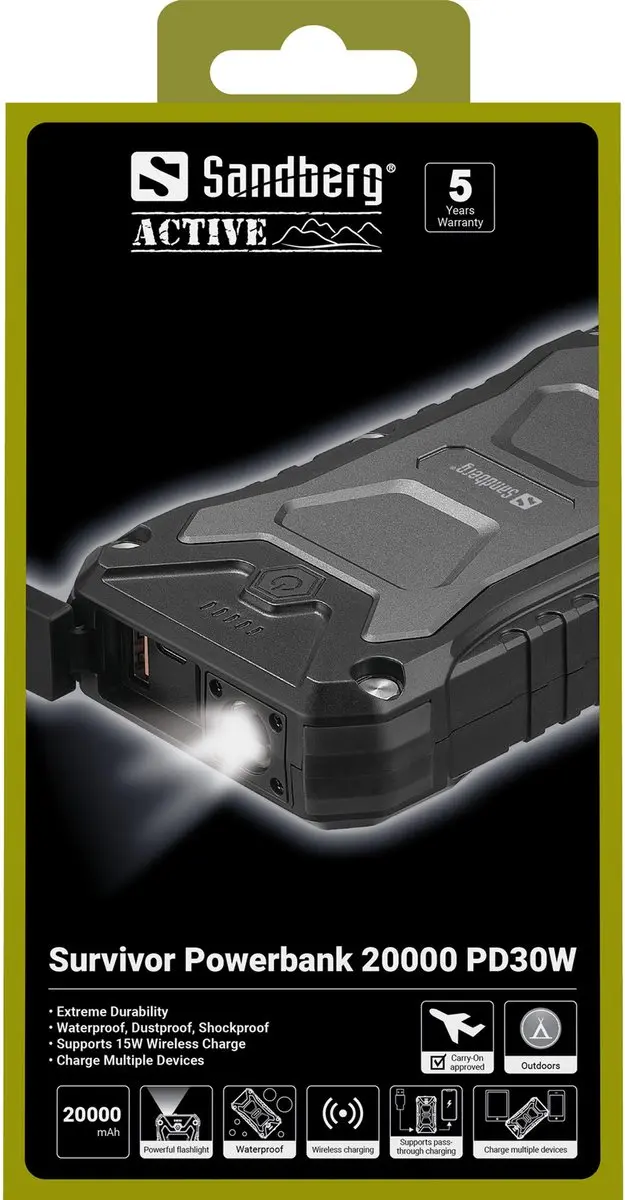 Sandberg Survivor Powerbank 20000 PD30W 20.000mAh - 30W - 3x USB - Zwart