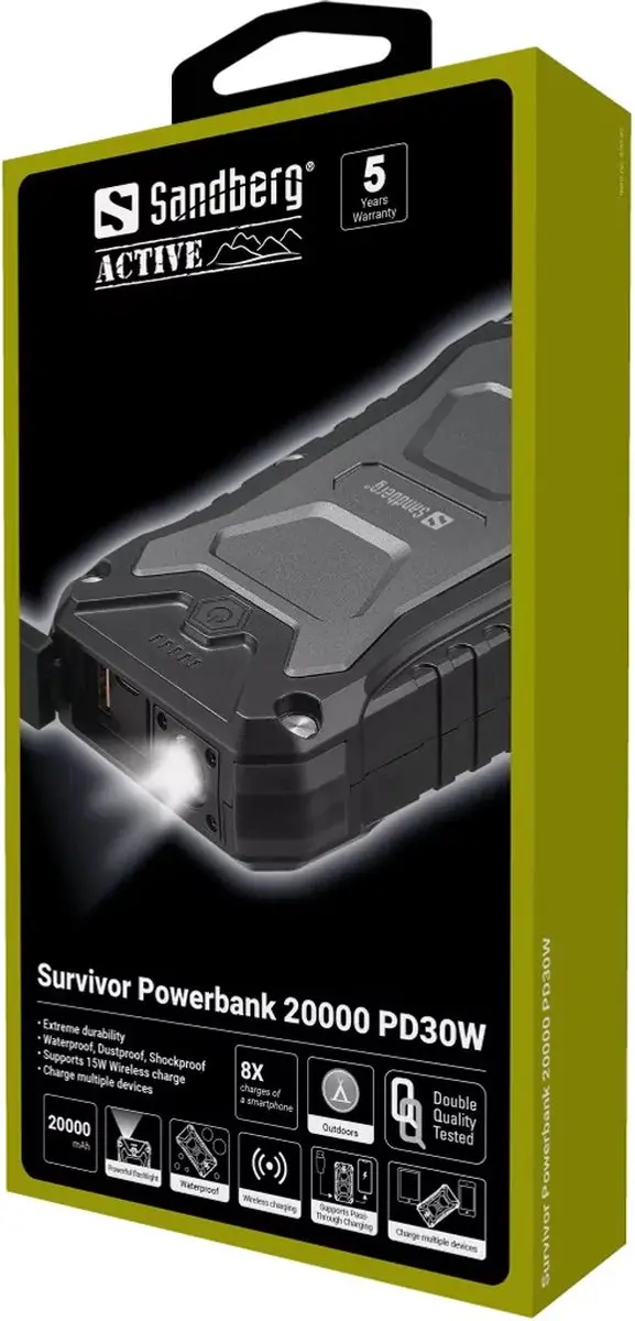 Sandberg Survivor Powerbank 20000 PD30W 20.000mAh - 30W - 3x USB - Zwart - afbeelding 6 van 6