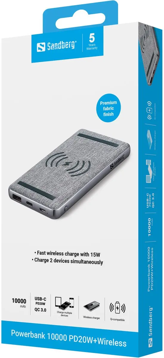 Sandberg Powerbank 10000 420-61 - 2x opladen - 37W - 3 Outputs - Zwart/Grijs