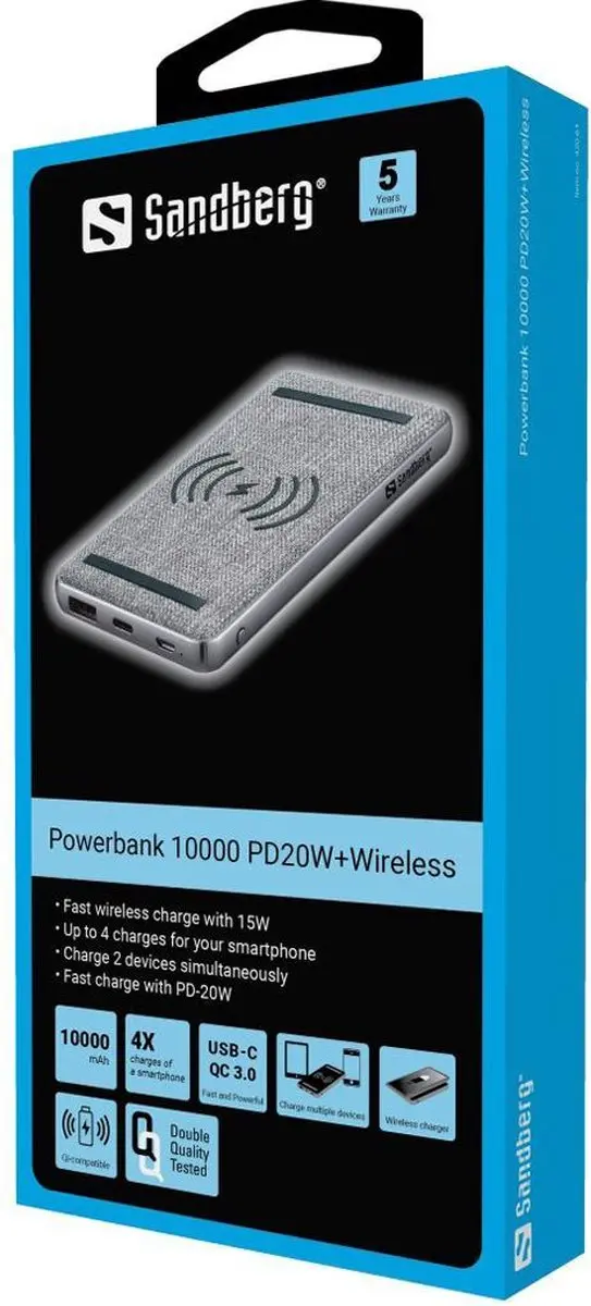 Sandberg Powerbank 10000 420-61 - 2x opladen - 37W - 3 Outputs - Zwart/Grijs