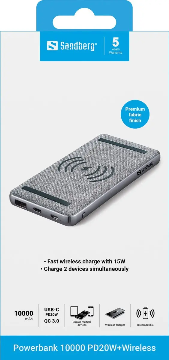 Sandberg Powerbank 10000 420-61 - 2x opladen - 37W - 3 Outputs - Zwart/Grijs