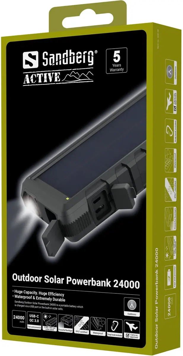 Sandberg Outdoor Solar 24000 Powerbank 24000mAh - 3x USB - 88.8W - Zwart