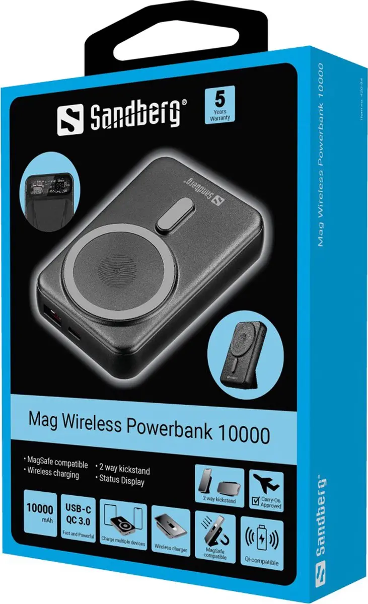 Sandberg 420-94 Magnet Wireless Powerbank 10000mAh - 15W - Zwart