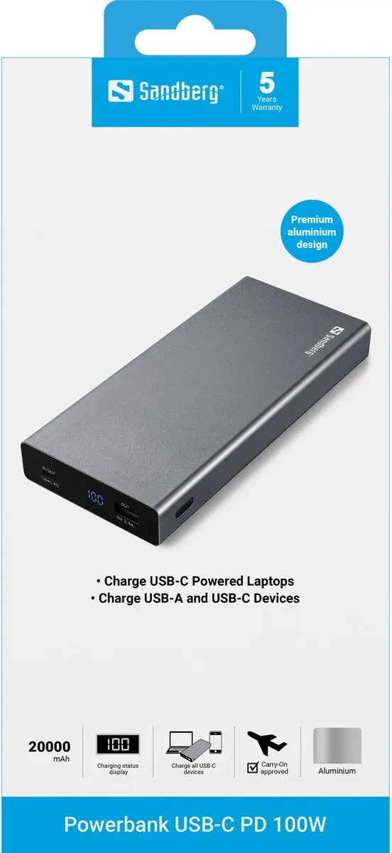 Sandberg Powerbank 20000mAh 100W USB-C PD - Grijs