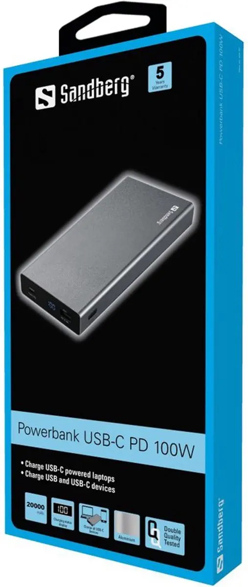Sandberg Powerbank 20000mAh 100W USB-C PD - Grijs