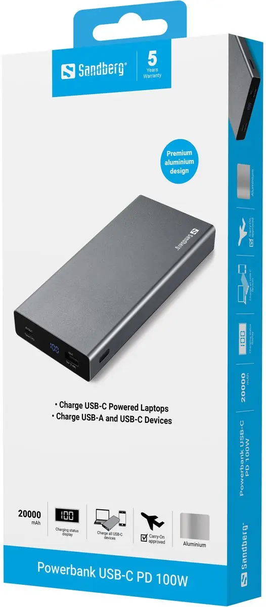Sandberg Powerbank 20000mAh 100W USB-C PD - Grijs