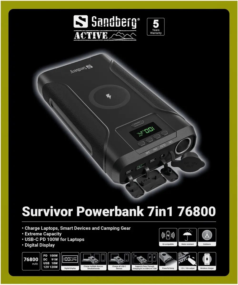 Sandberg Survivor Powerbank 76800mAh 120W - 7-in-1 Black
