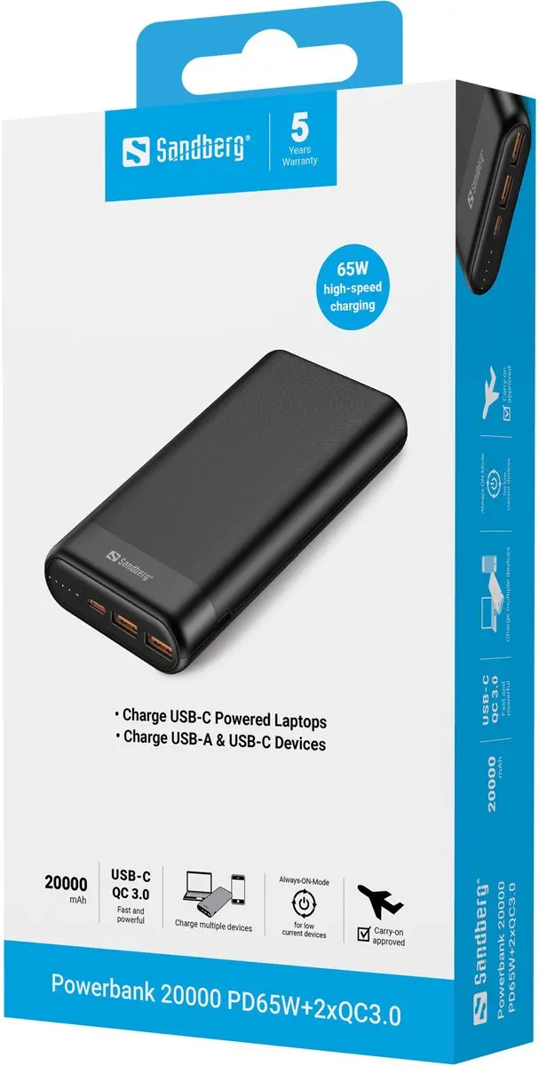 Sandberg 420-62 Powerbank 20000mAh - 65W - Zwart
