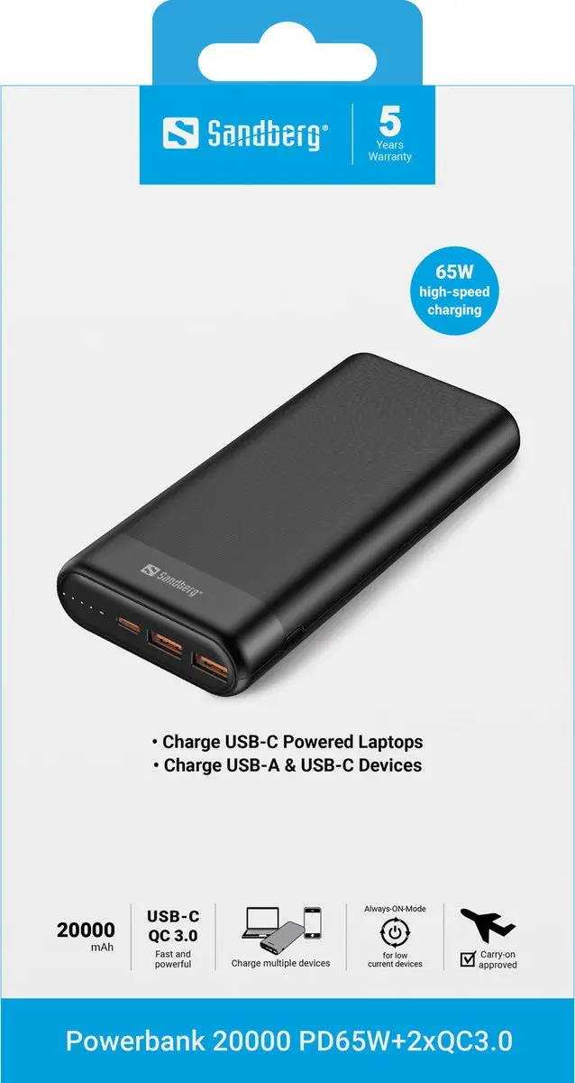 Sandberg 420-62 Powerbank 20000mAh - 65W - Zwart - afbeelding 6 van 6