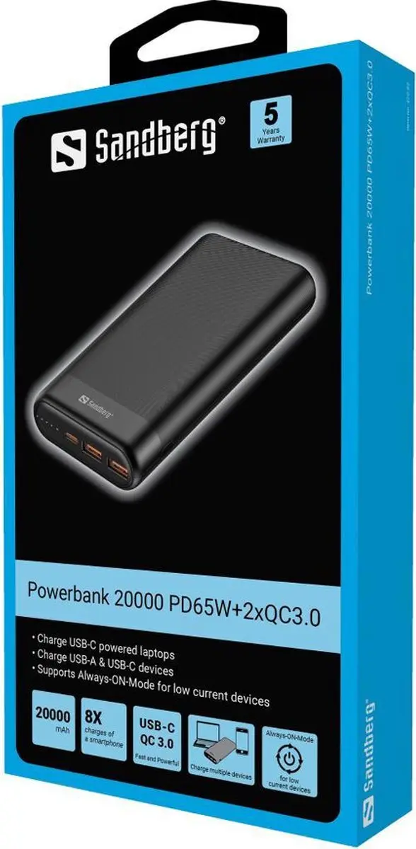 Sandberg 420-62 Powerbank 20000mAh - 65W - Zwart
