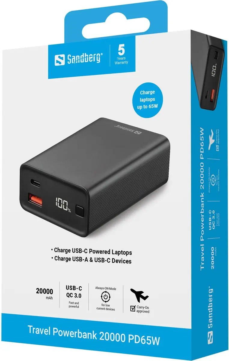 Sandberg Travel Powerbank 20000 PD65W 65W - 2x opladen - Zwart
