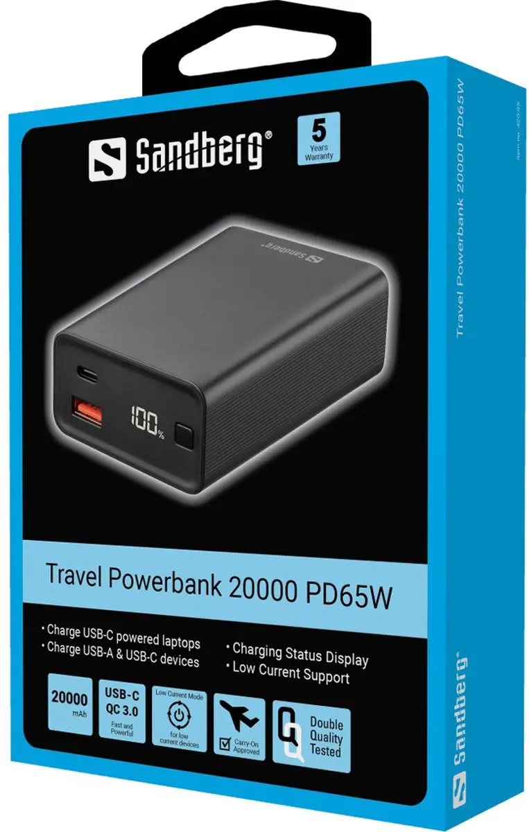 Sandberg Travel Powerbank 20000 PD65W 65W - 2x opladen - Zwart