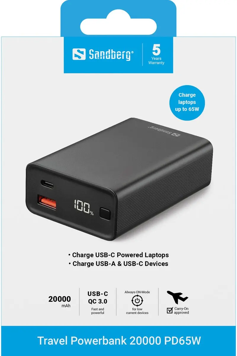 Sandberg Travel Powerbank 20000 PD65W 65W - 2x opladen - Zwart