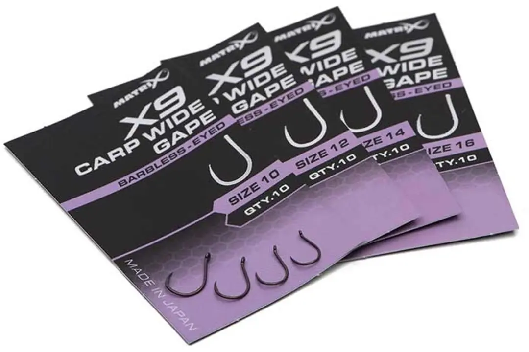 Matrix X9 Carp Wide Gape Eyed-Barbless - Haakmaat 14 - 10 Stuks