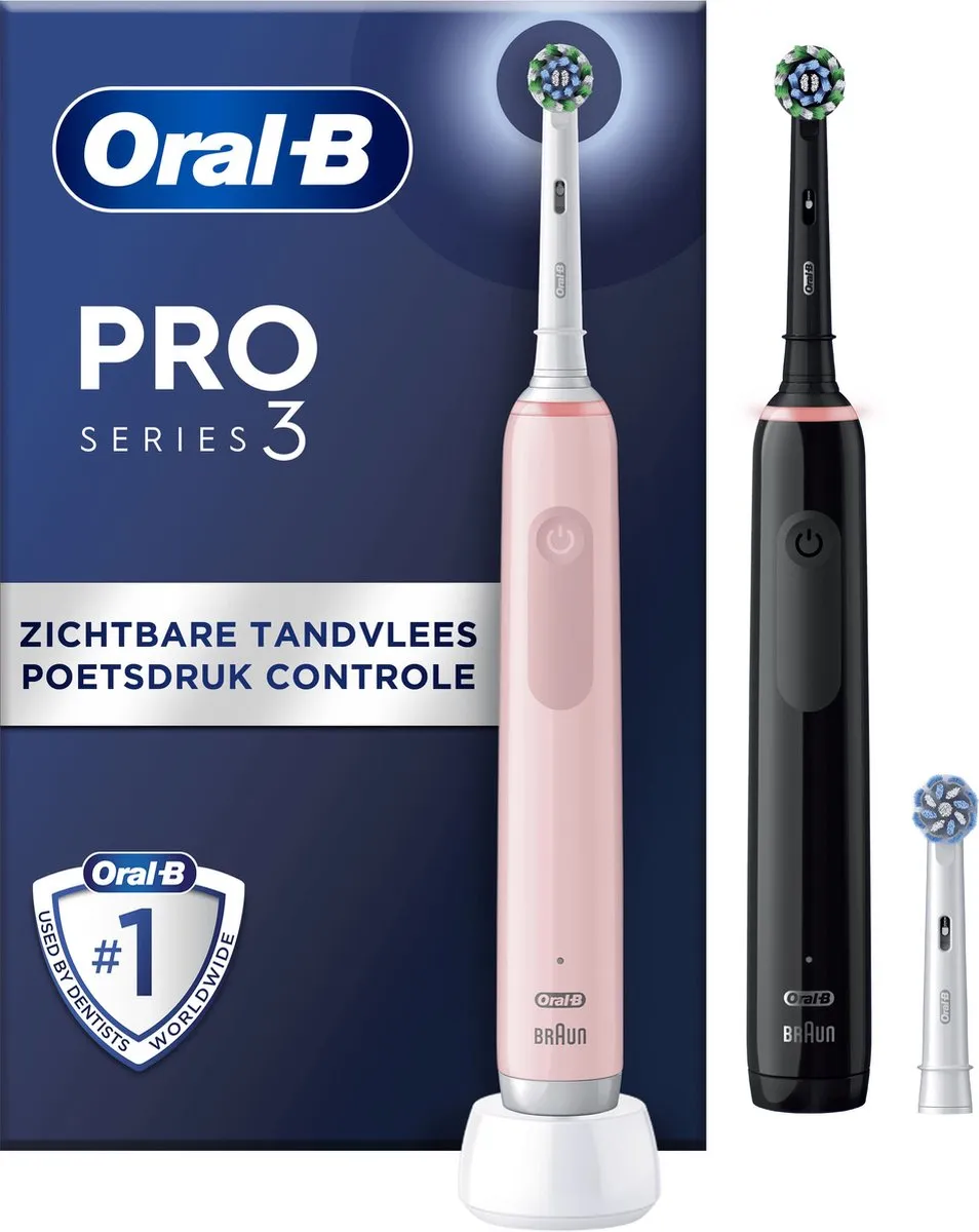 Oral-B Pro 3 3900 Duo Elektrische Tandenborstel - 2 Handvatten - 3 Opzetborstels - Zwart/Roze