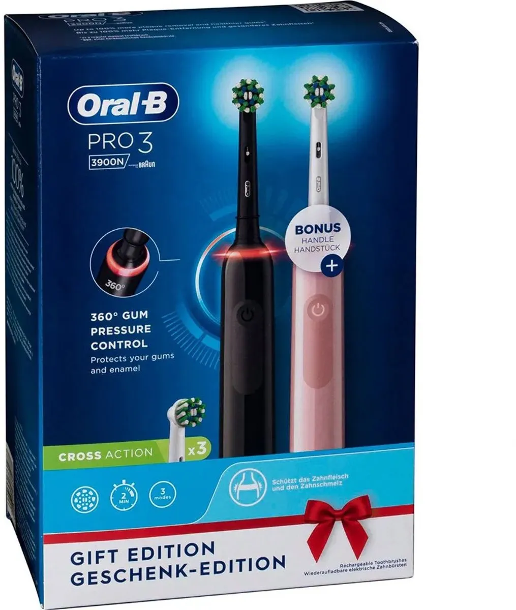 Oral-B Pro 3 3900 Duo Elektrische Tandenborstel - 2 Handvatten - 3 Opzetborstels - Zwart/Roze
