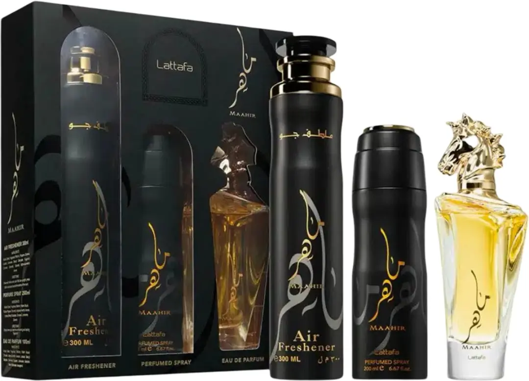 Lattafa Maahir Cadeauset - 100ml Eau de Parfum & 300ml Luchtverfrisser