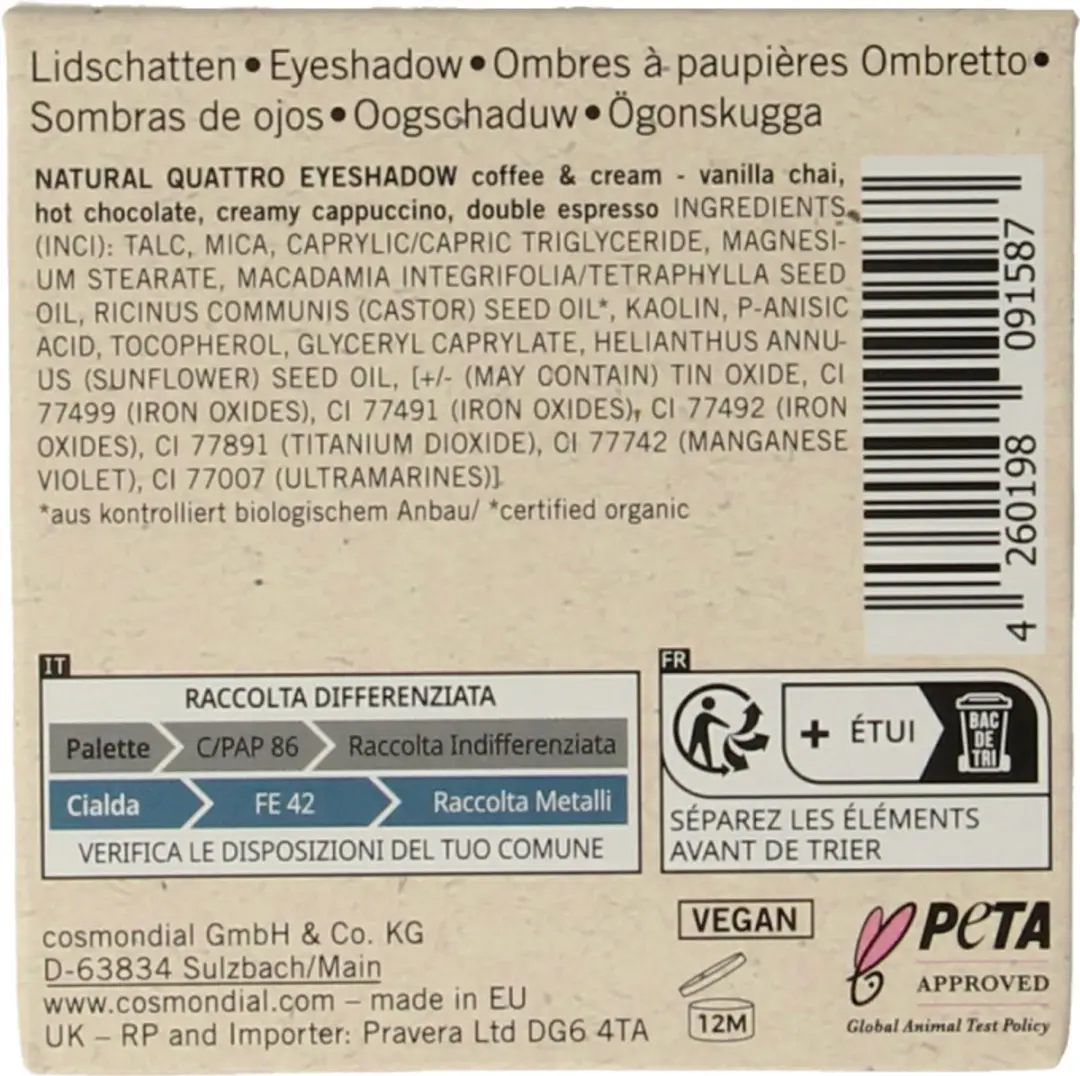 Benecos Vegan Oogschaduw Quattro Coffee and Cream - 4 Kleuren