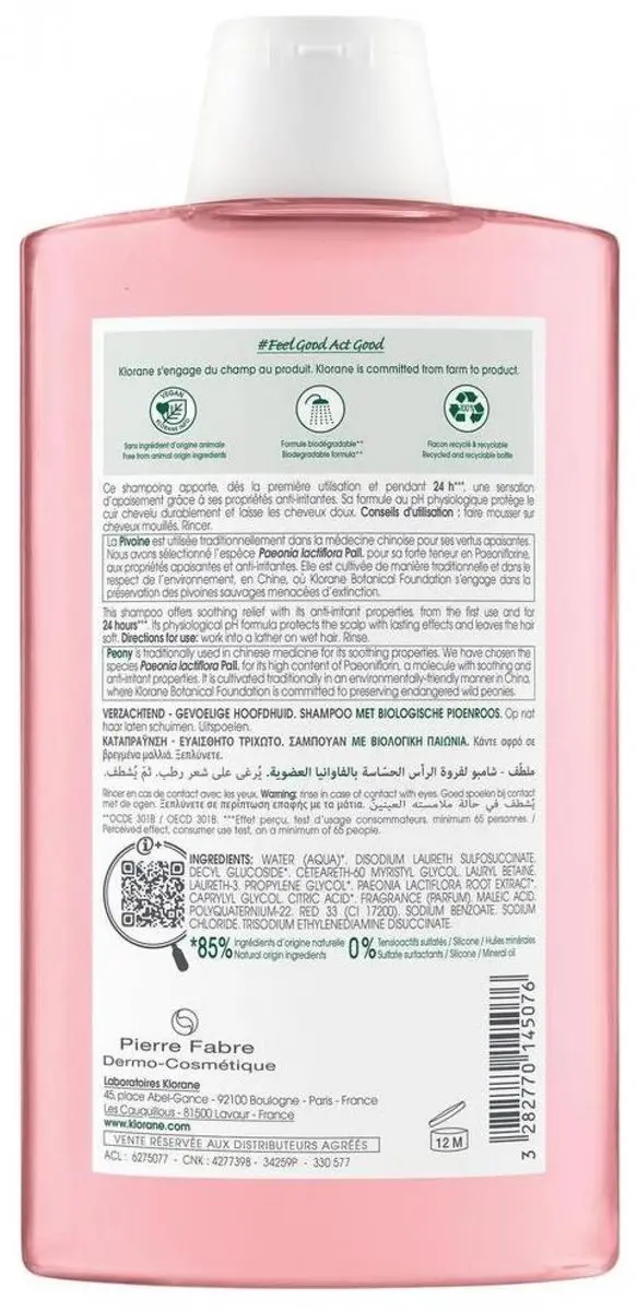 Klorane À La Pioen Bio Verzachtende Shampoo 400ml - afbeelding 6 van 6