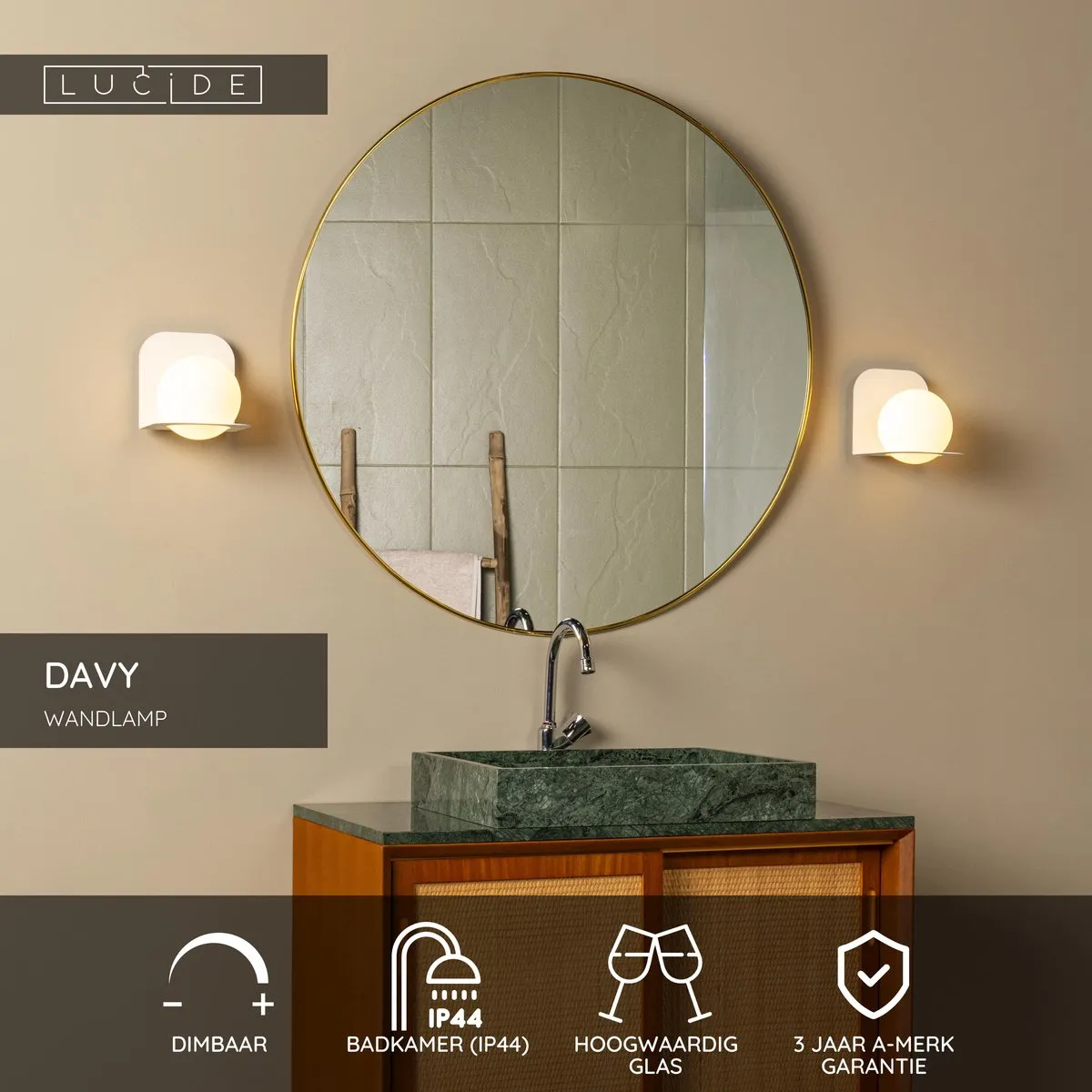 Lucide DAVY Wandlamp Badkamer 1xG9 IP44 - Wit
