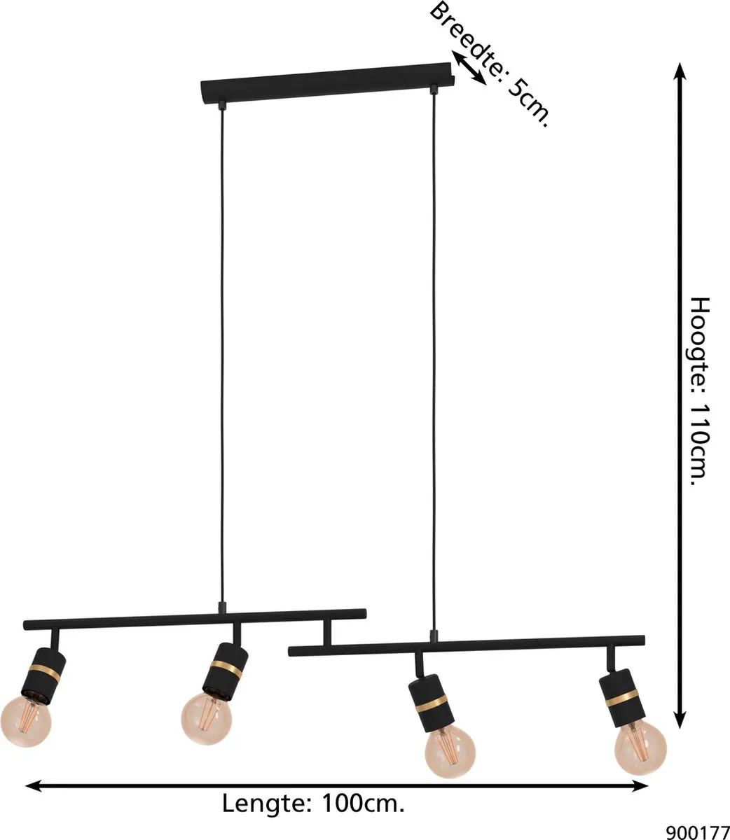 Eglo Lurone Hanglamp E27 - 4 Lichtpunten - Zwart/Goud - afbeelding 6 van 6