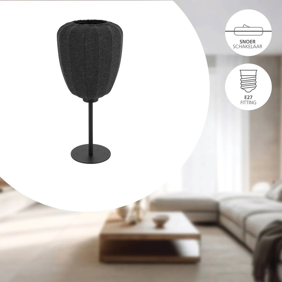 Eglo Barlaston Tafellamp E27 - 39cm - Zwart/Grijs