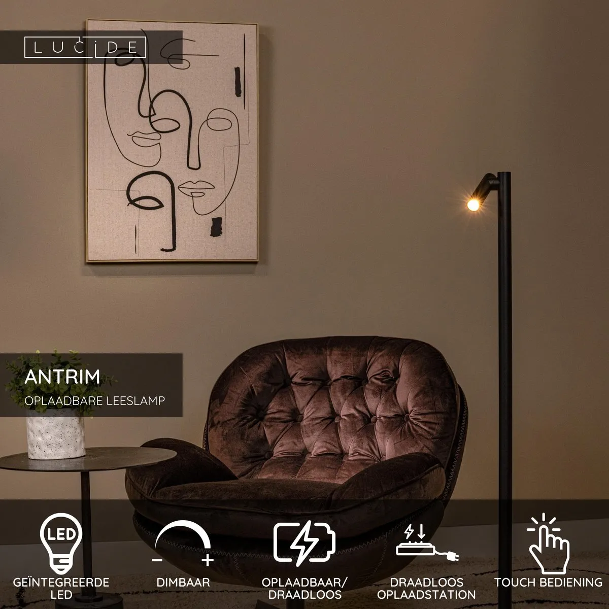 Lucide Antrim Oplaadbare Leeslamp - 2,2W 2700K - IP54 - Zwart