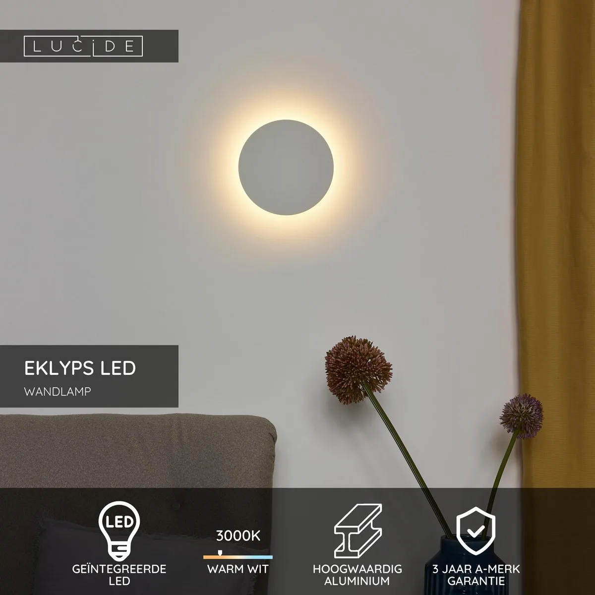 Lucide EKLYPS LED Wandlamp Ø15cm - 7W 3000K Wit