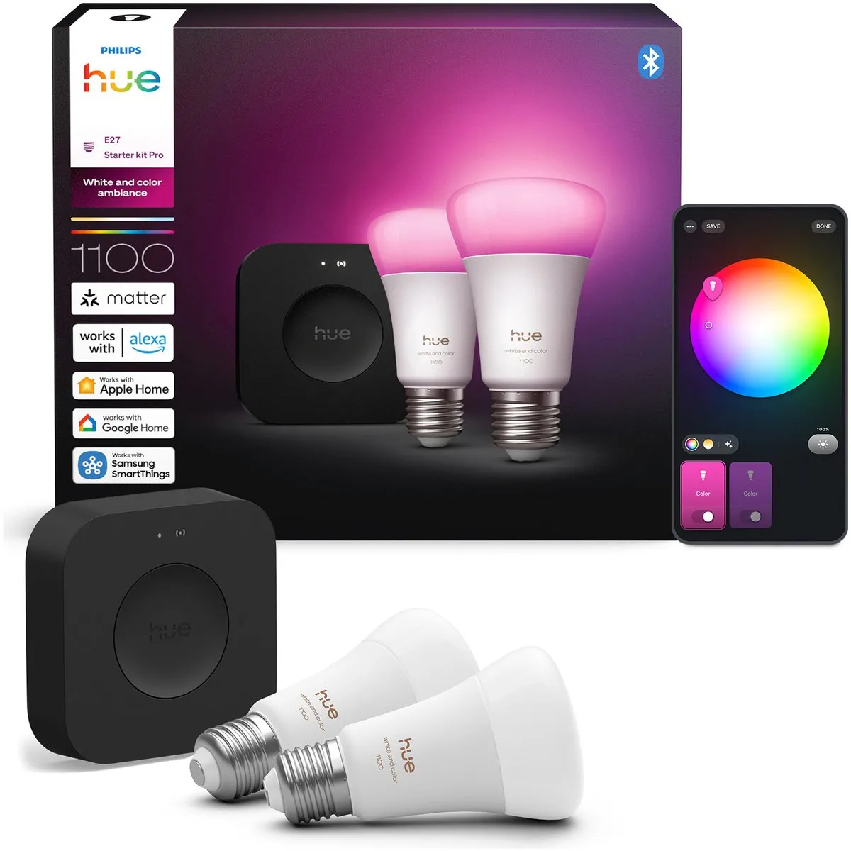 Philips Hue Starterkit Bridge Pro 2x WCA A60 E27 RGBW - 1100 Lumen