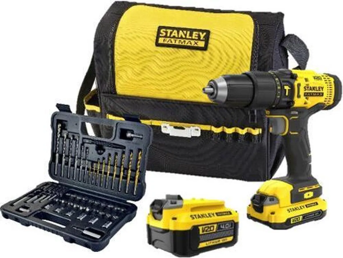 STANLEY FATMAX V20 18V Schroef-/klopboormachine met 50-delige accessoireset in softbag (met 2.0Ah en 4.0Ah accu en lader) SFMCD711DMA-QW
