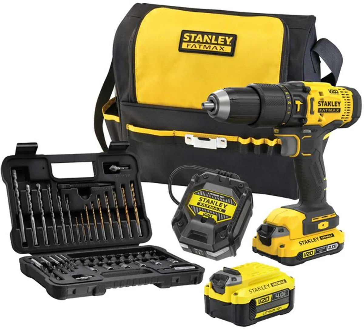 STANLEY FATMAX V20 18V Schroef-/klopboormachine met 50-delige accessoireset in softbag (met 2.0Ah en 4.0Ah accu en lader) SFMCD711DMA-QW