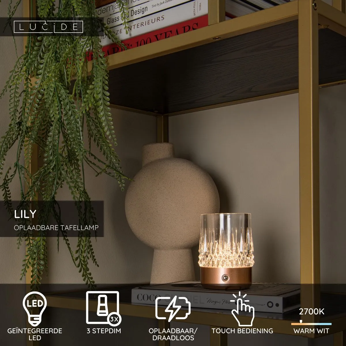 Lucide Lily Oplaadbare Tafellamp - 3 Stuks - Koper