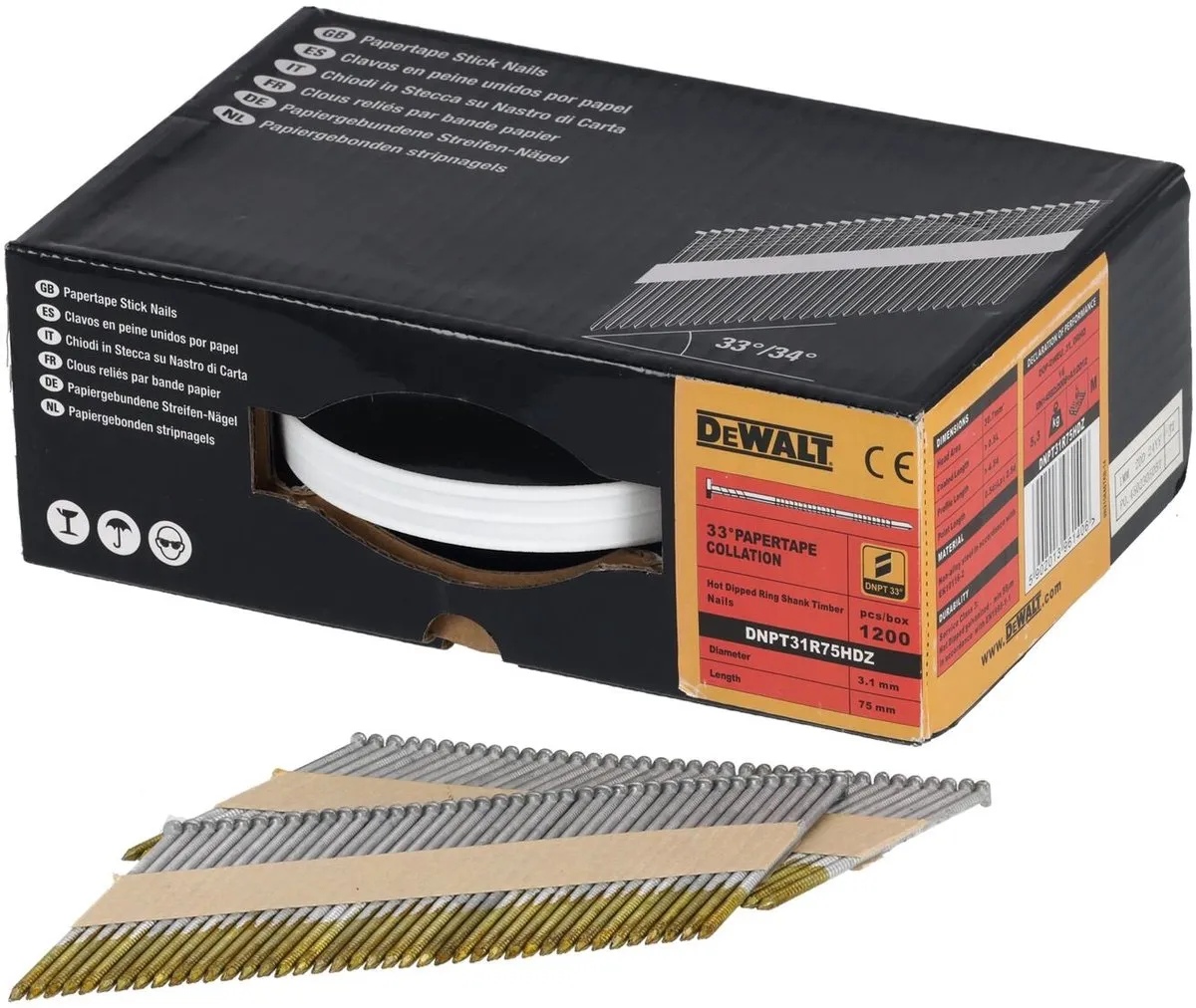 DeWalt DNPT31R75HDZ Papiergebonden Spijkers 3.1x75mm - 1200 Stuks