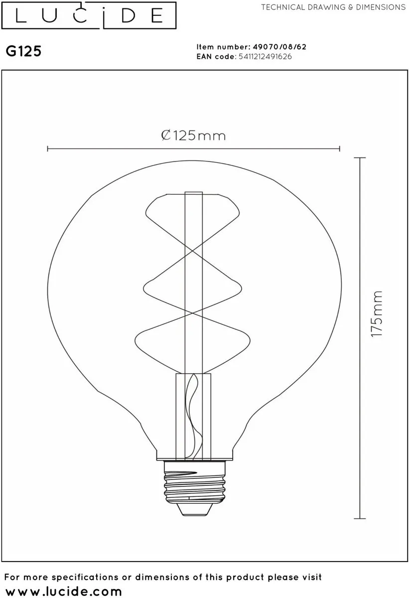 Lucide G125 LED Filamentlamp 8W E27 - Ø12,5cm - Amber