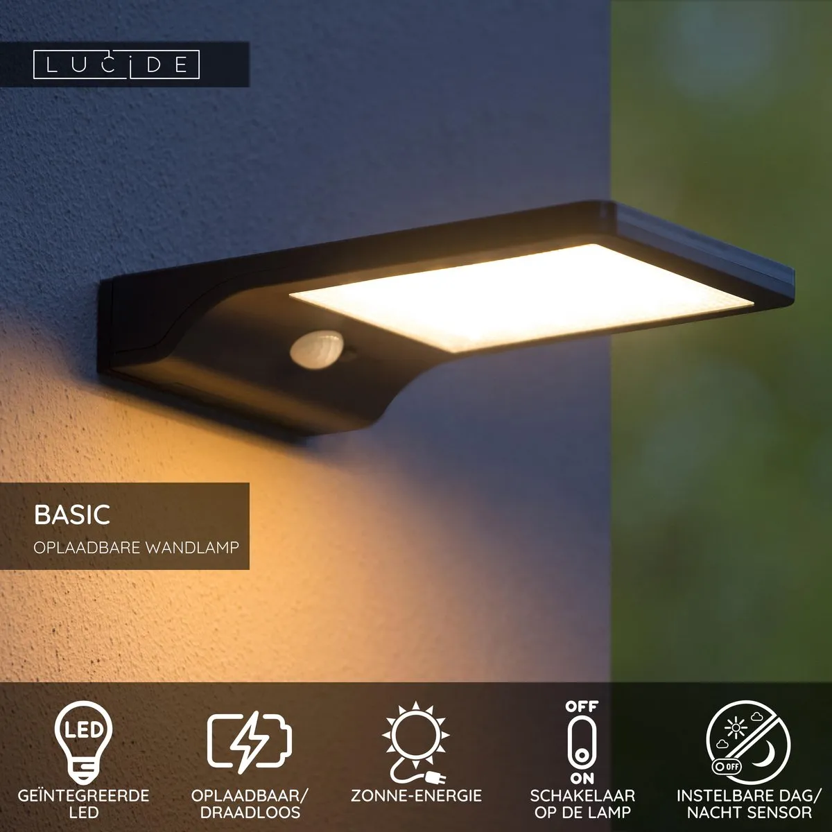 Lucide BASIC Wandlamp Zonne-energie 1x3W - Zwart