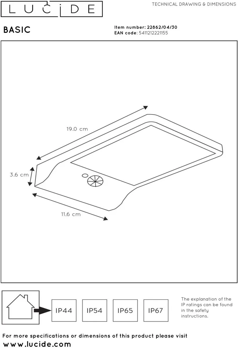 Lucide BASIC Wandlamp Zonne-energie 1x3W - Zwart - afbeelding 6 van 6