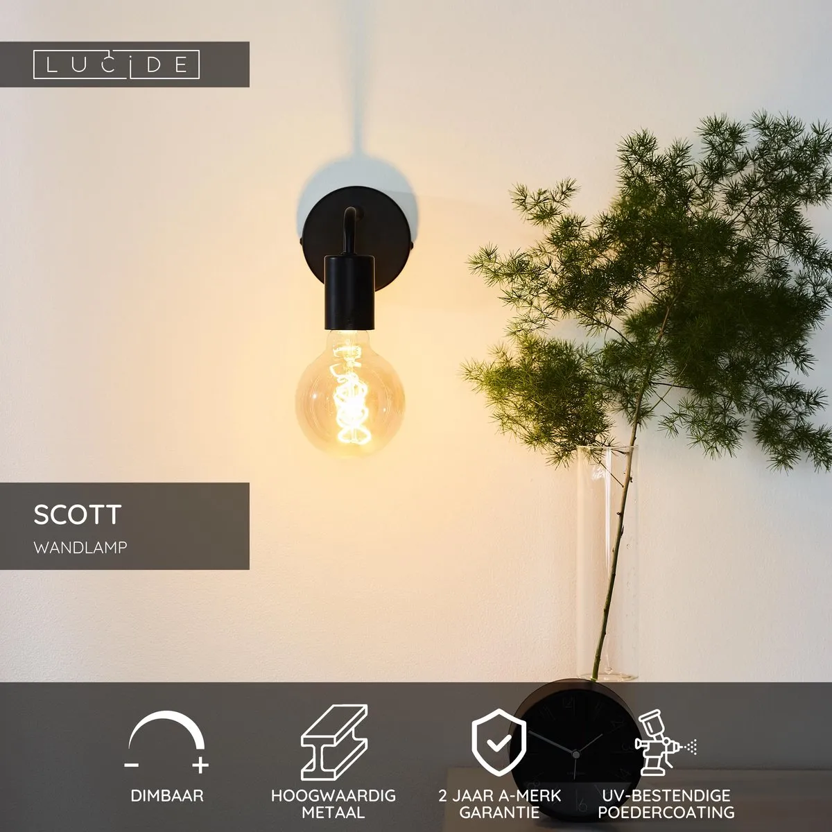 Lucide Scott Wandlamp E27 - Zwart
